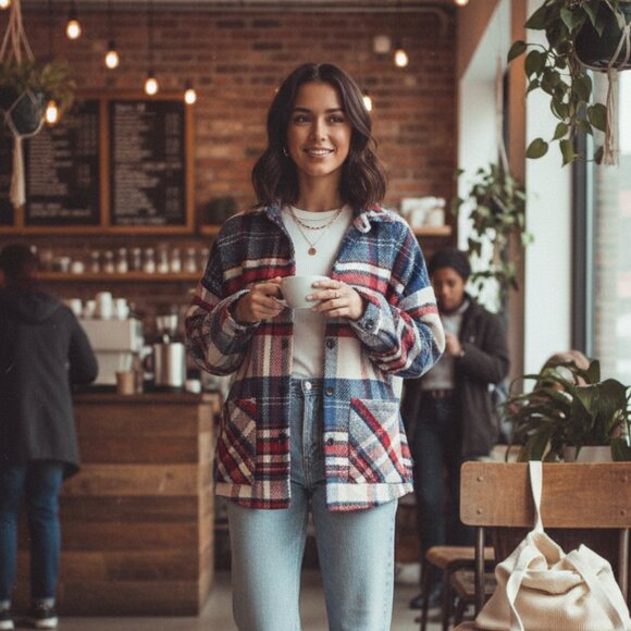 NWT J.ING Jing Vintage Style Red White Blue Plaid Oversized Flannel Shacket - Picture 1 of 8